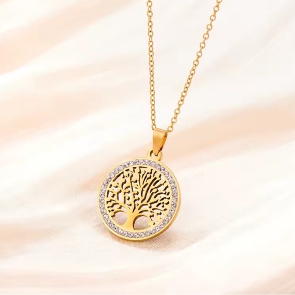 Gold Tree of Life Necklace – Dainty Circle Pendant with Crystals - Picture 6 of 6